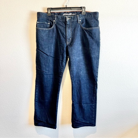 Eddie Bauer Red Flannel Lined Mens 38x30 Straight Fit Blue Jeans High Rise Dark - Picture 1 of 11